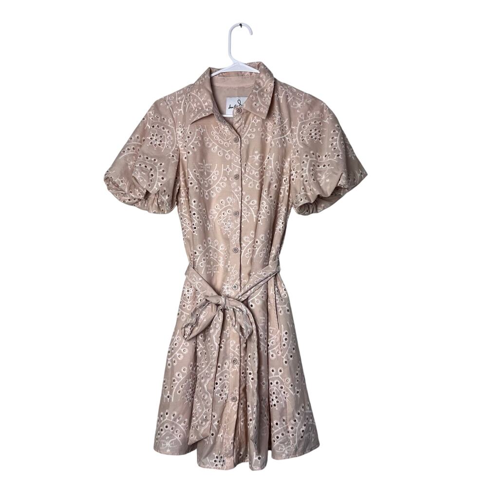 Sam Edelman Eyelet Shirt Dress Beige Puff Sleeve Belted Mini Dress Size 2 - Picture 2 of 10